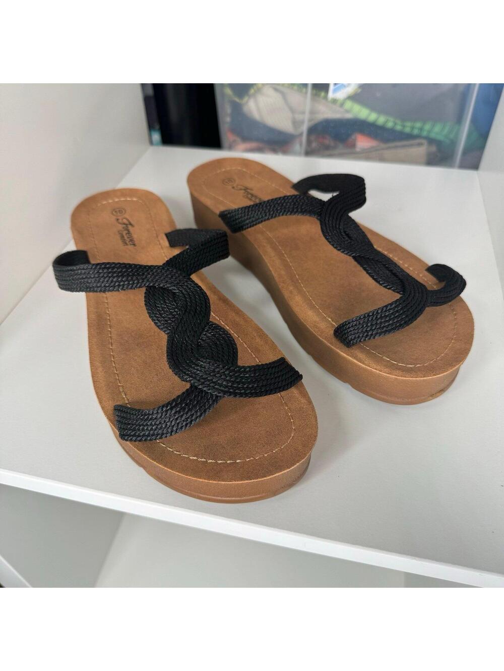 Women's black T-Strap Gladiator Comfort Sandal Slip On Sliders Fabric Straps